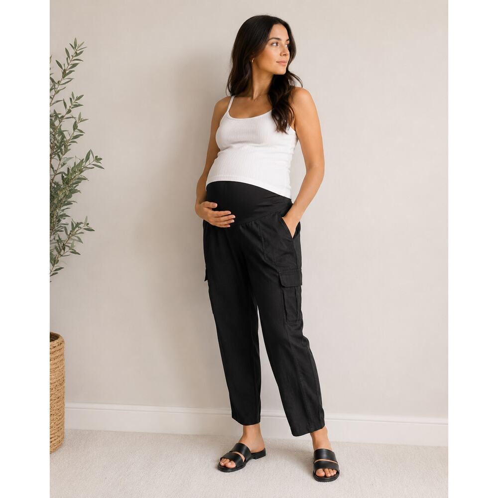 LR2800 Isabel Maternity Black Cargo Pants Size 14 Stretch Waist Casual Utility